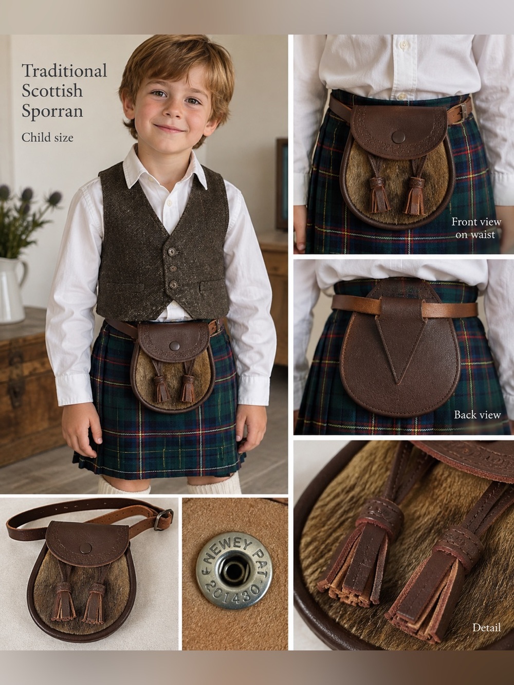 Vintage Scottish Kilt Sporran Leather Fur Child Women 6”